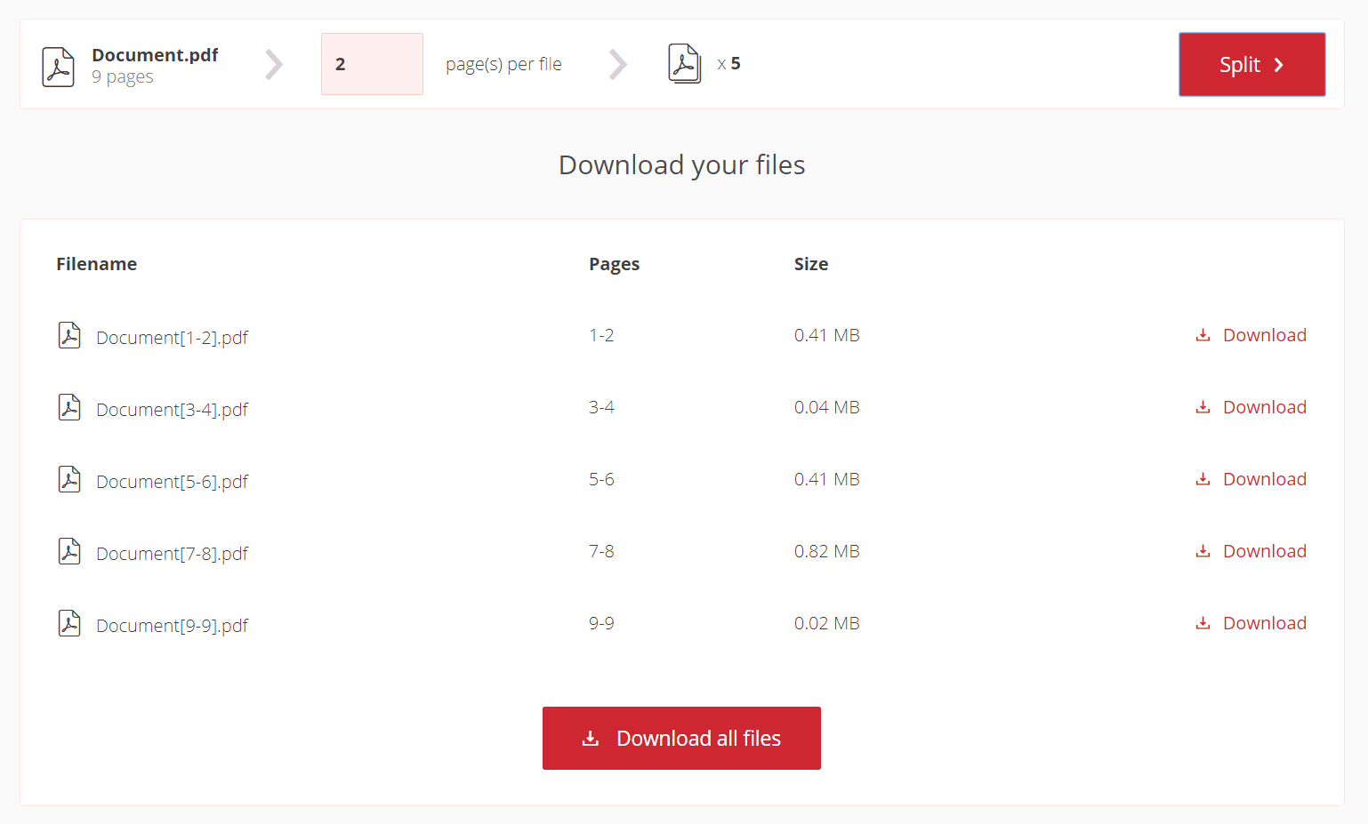 Entrez le nombre de pages par fichier dans lesquelles il faut diviser le document PDF